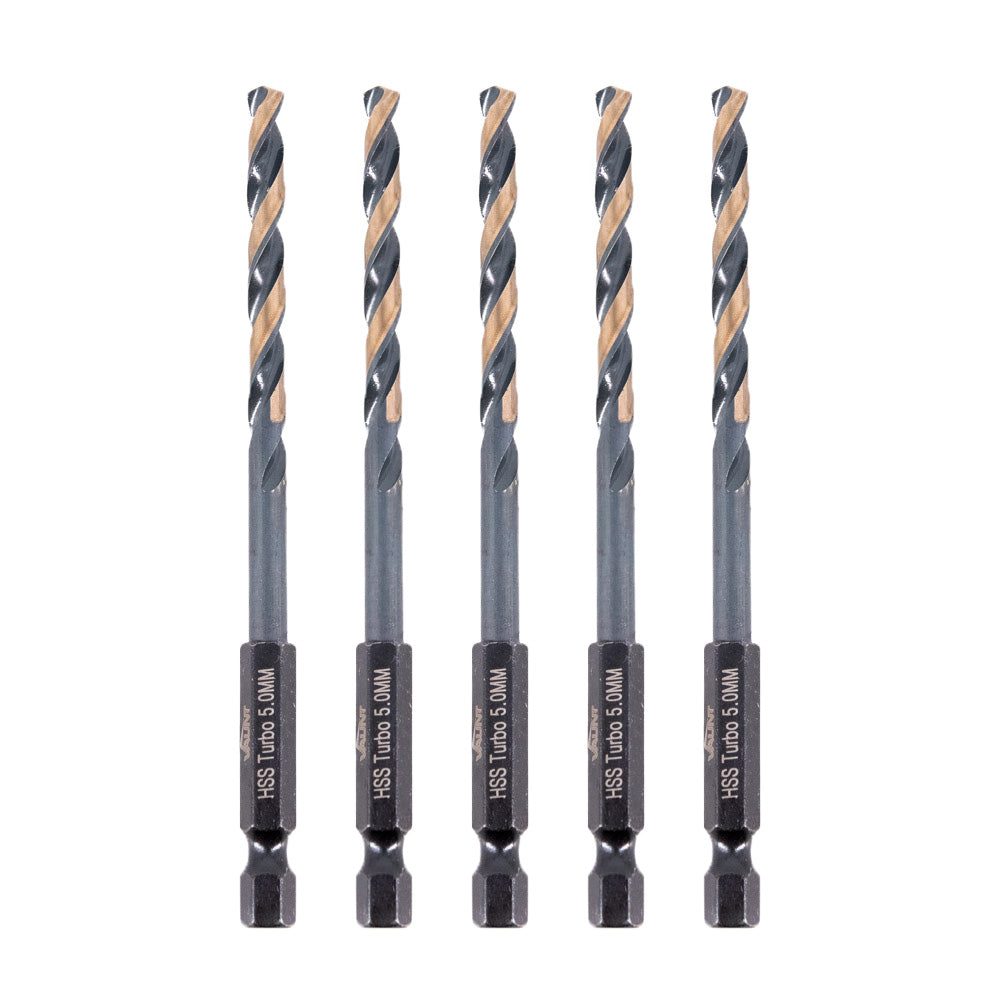 Vaunt 5.0mm x 106mm 1/4'' Hex Shank HSS M2 Turbo Drill Bits - Pack of 5