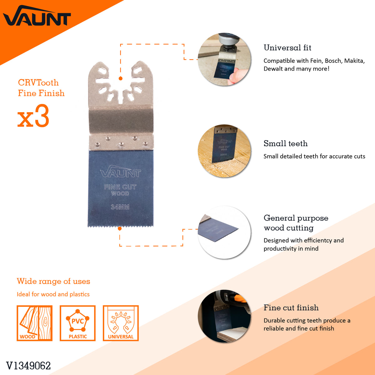 Vaunt Premium 34mm Fine Finish Multi Tool Blade - Pack of 3