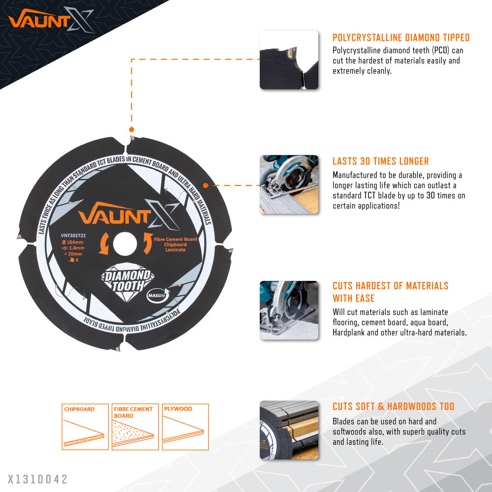 Vaunt X 184mm x 20mm 4 Diamond Teeth PCD Circular Saw Blade