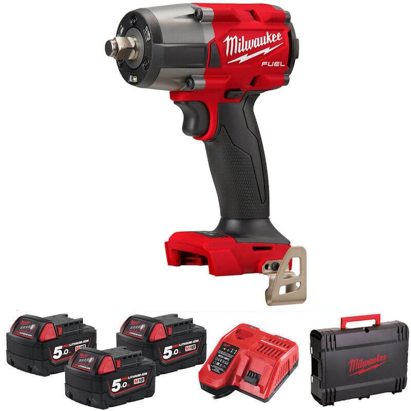 Milwaukee 18V Fuel GEN2 Mid-Torque 1/2'' Impact Wrench with Friction Ring Kit - 3 x 5.0ah Batteries, Charger & Case