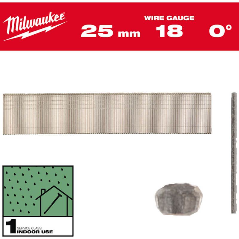 Milwaukee 18G 25mm Brad Nails Galvanised - Thin Finish Head - 5000pc