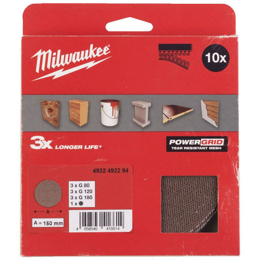 Milwaukee 10 Piece Power Grid Mesh 150mm Sanding Discs Set